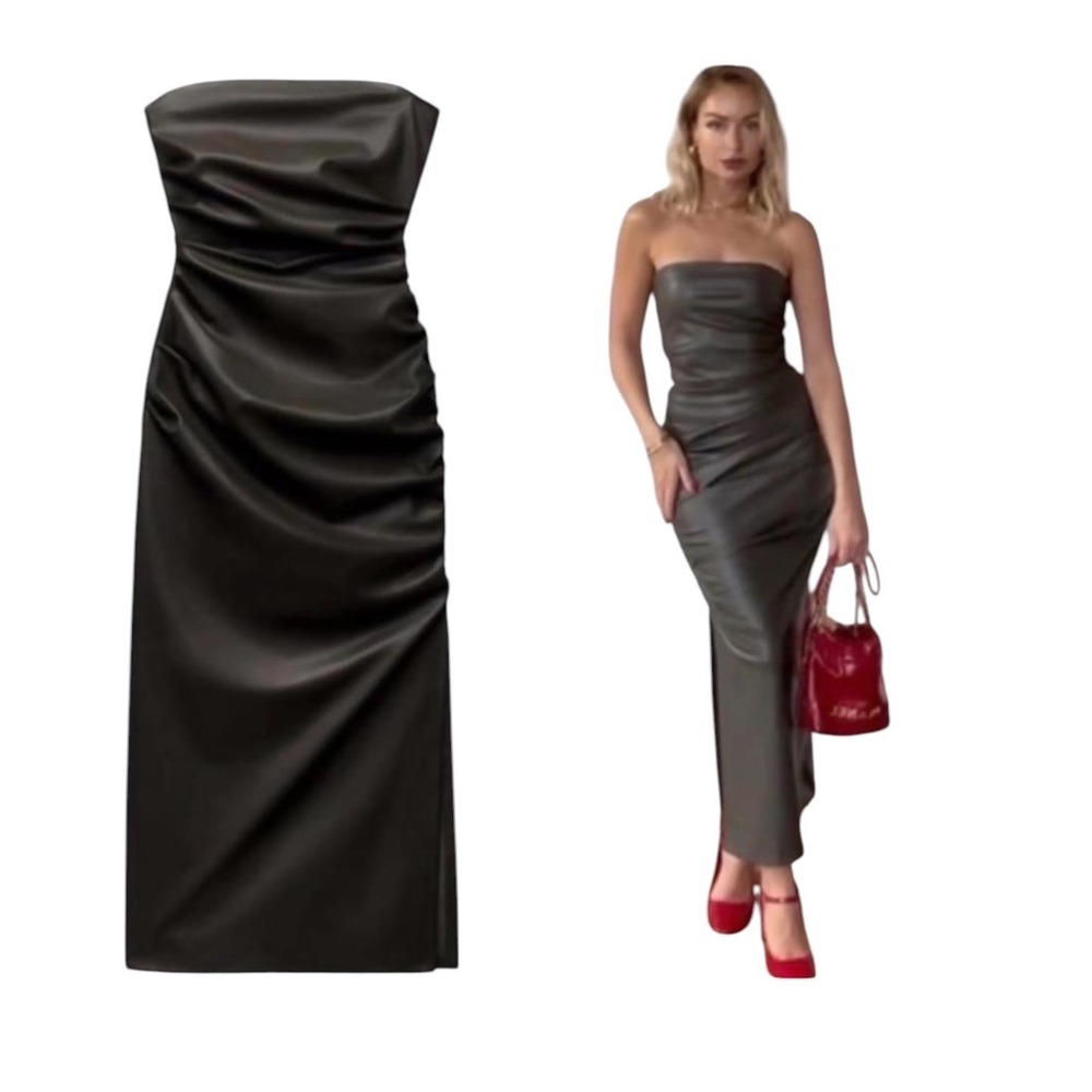 Zara Faux Leather Ruched Strapless Midi Dress Charcoal Grey Side Drape Draped